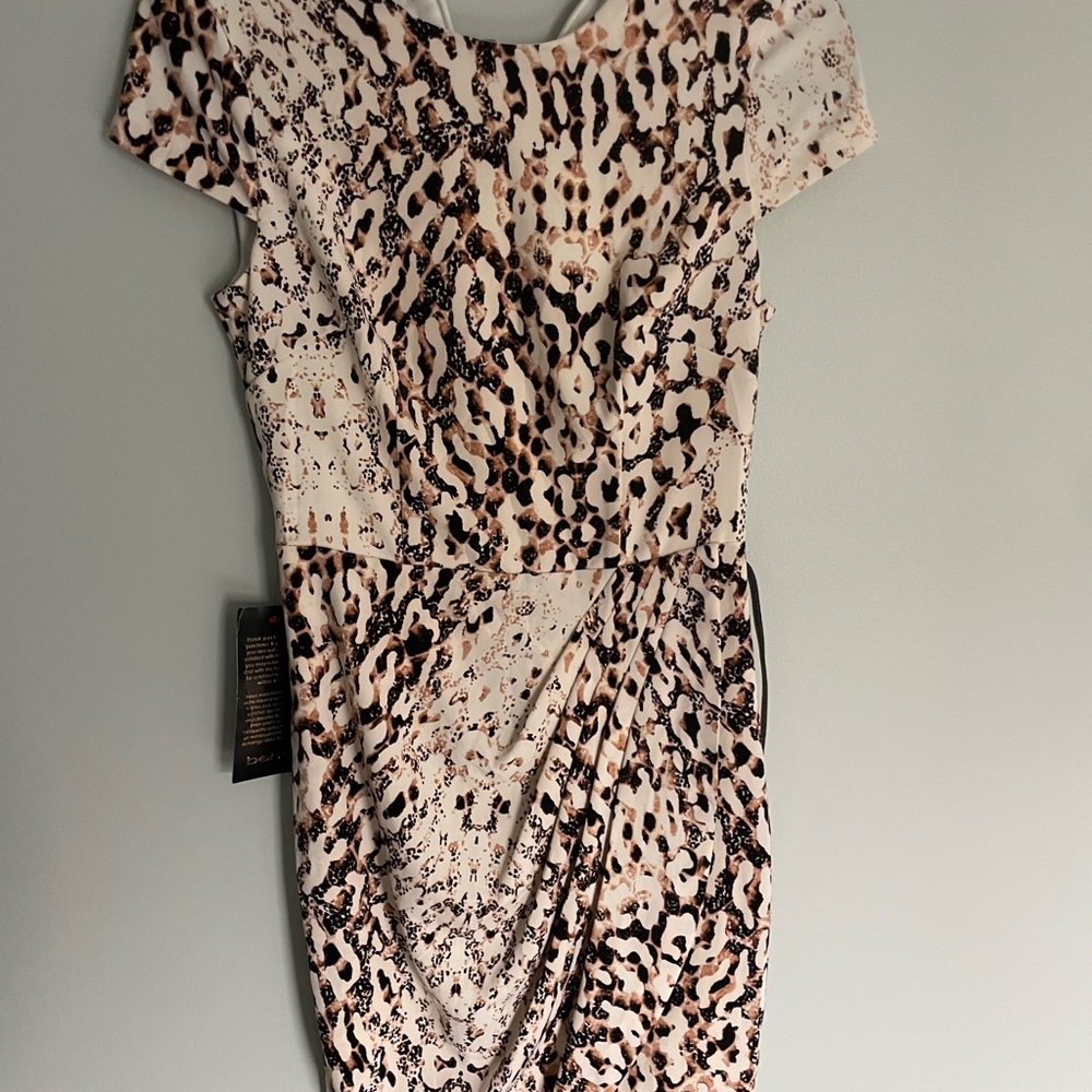 Bebe Leopard Print Cap Sleeve Dress in Beige and Black